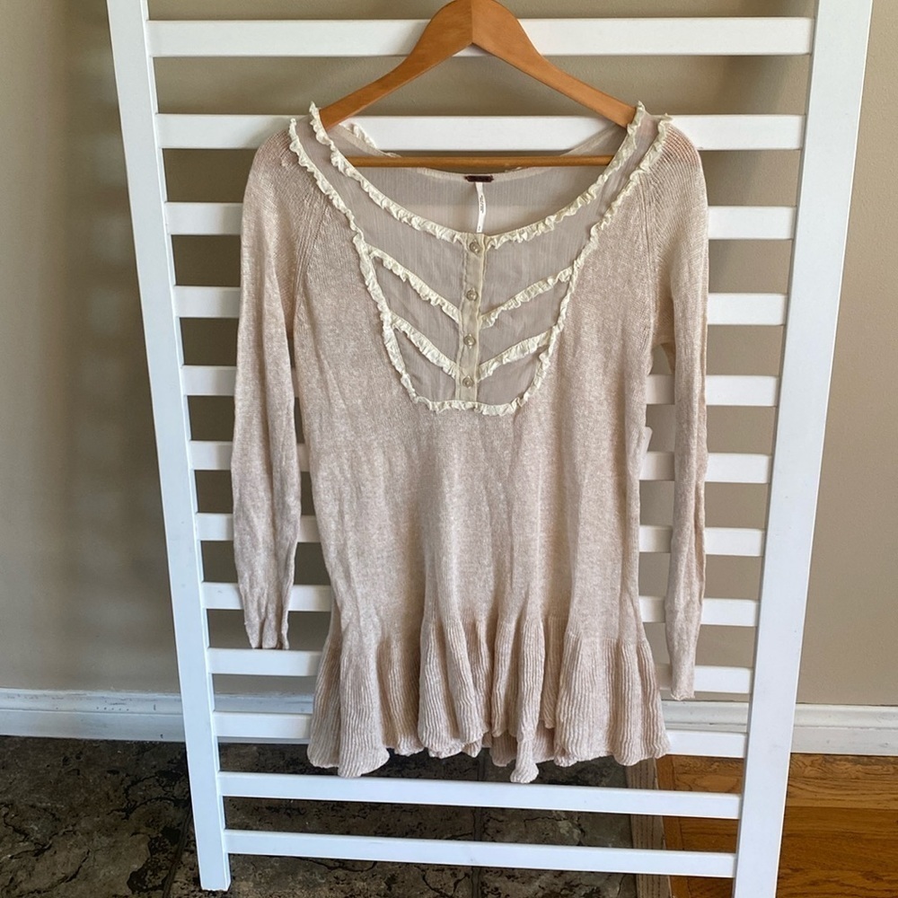NWT Free People Linen Knit Bib Peplum Tunic Lightweight Sweater Top Taupe Small